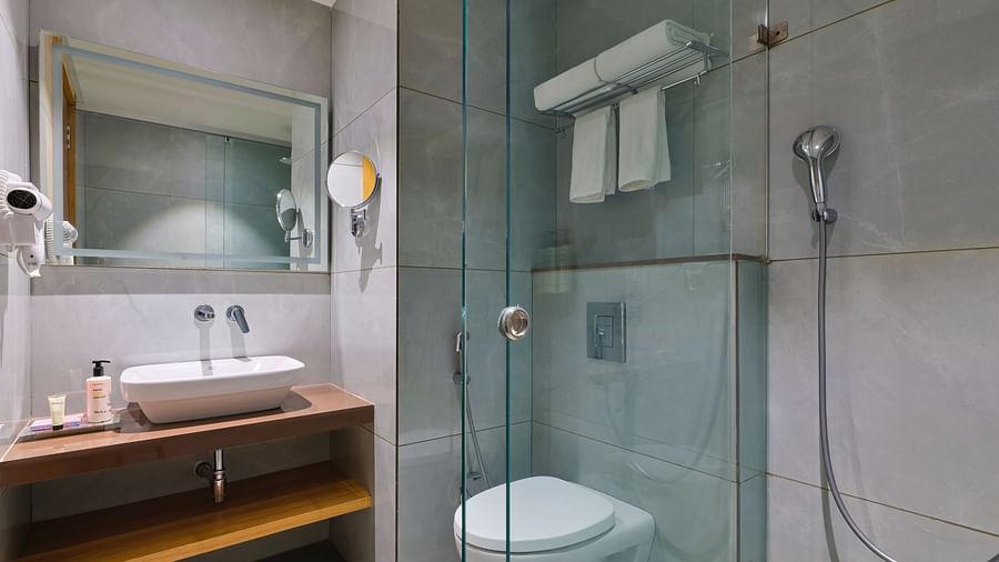 Image of a washroom with a sink and a toilet at Tulip Inn, Bhopal.