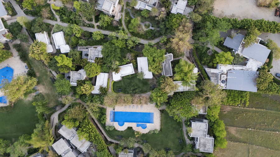Main Swimming Pool & Infinity Swimming Pool outdoor surrounded by lush green trees at The Golden Tusk, Jim Corbett