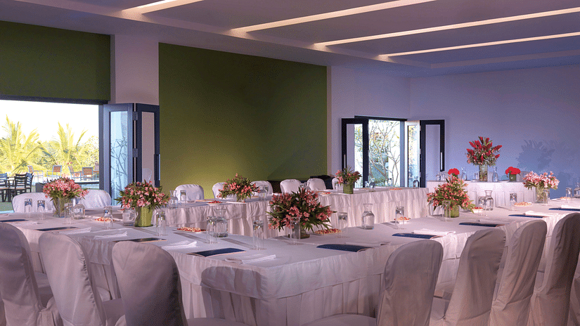 An overview of the Robusta Hall in Chikmagalur with U shaped seating arrangement - The Serai, Chikmagalur.