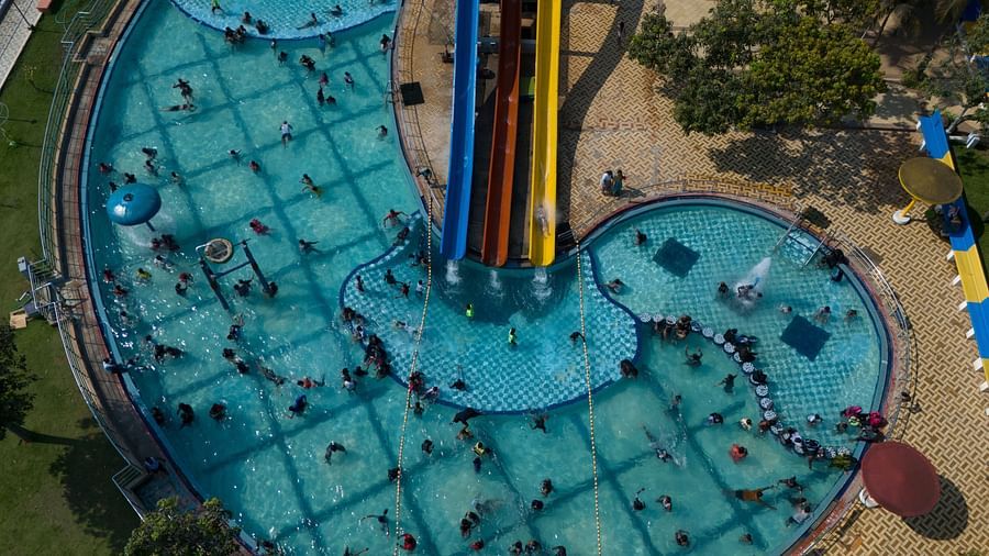Top view of swimming pool with slides