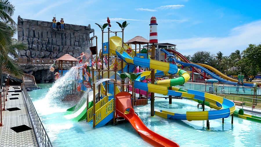 Top view of swimming pool with slides