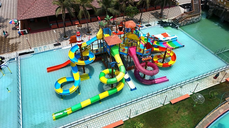 Top view of swimming pool with slides