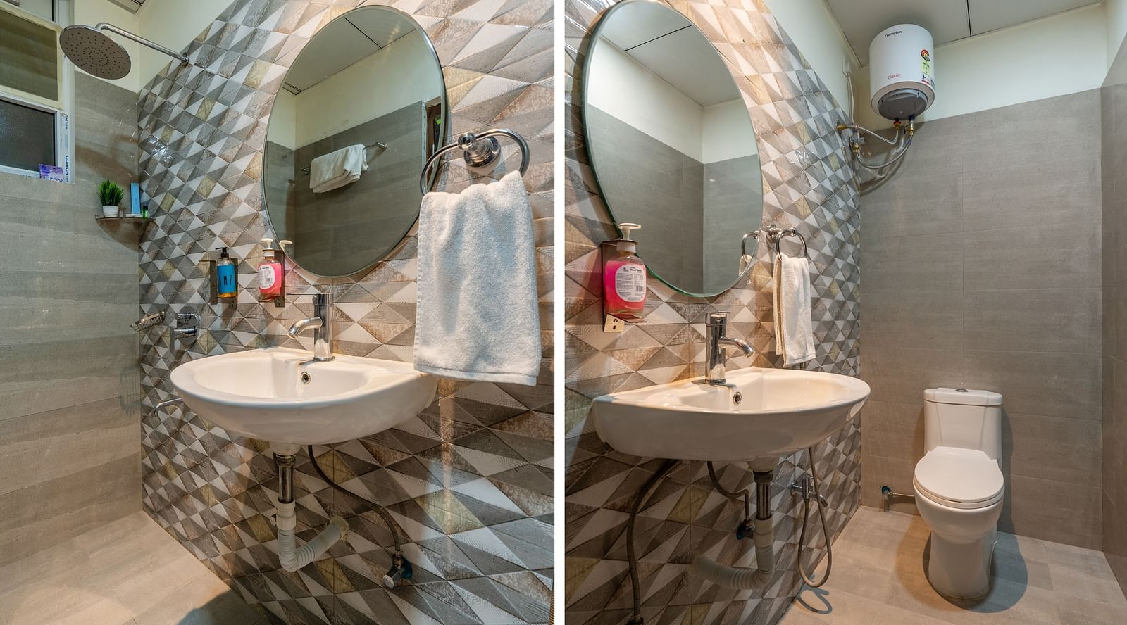Image of a washbasin wit a circular mirror and tiles all around | Eminent Suites & Apartments, Hi-Tech City