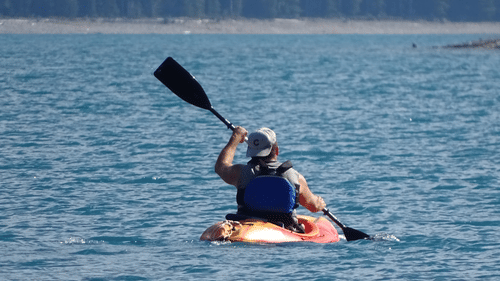 A man kayaking in a water body during the day.