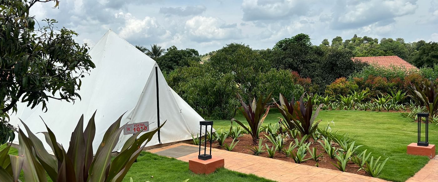 A scenic view of a resort area with tents lined along a neat walkway, surrounded by a well-maintained lawn.