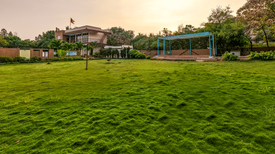 Expansive manicured green lawn at the resort during sunset, surrounded by trees - Nature Trails Ashoka Resort Hampi
