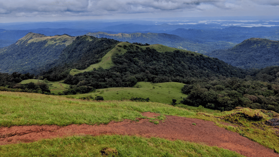 A wide shot of a hillside showcasing lush green fields and trees with a cloudy sky in the landscape.