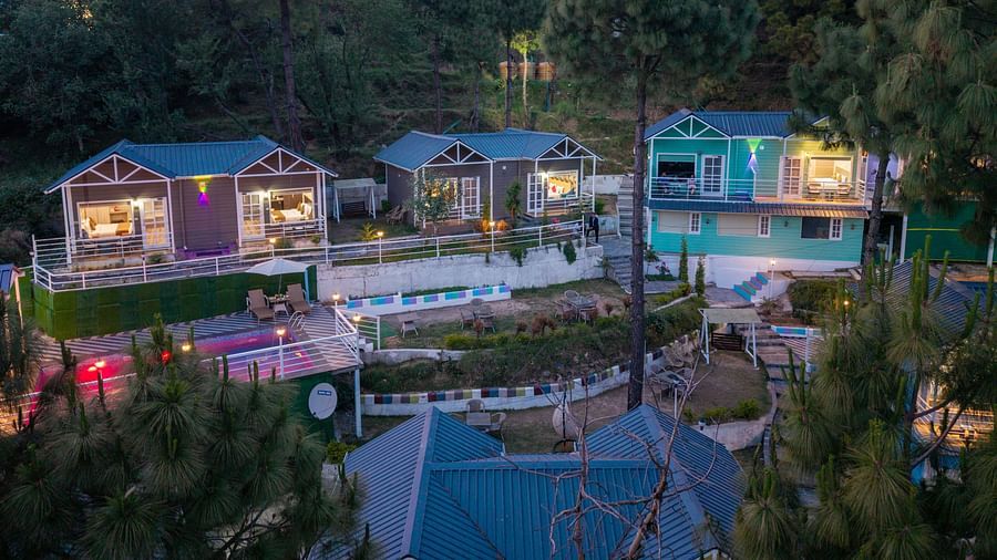 Several illuminated cabins are nestled on a hillside covered with pine trees at dawn - DLS Nature Trinket Resort, Dalhousie.