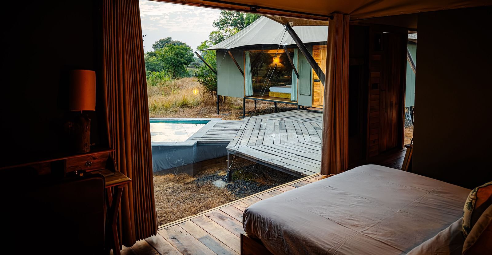 The interior of twin tent at Trees N Tigers, Tadoba.