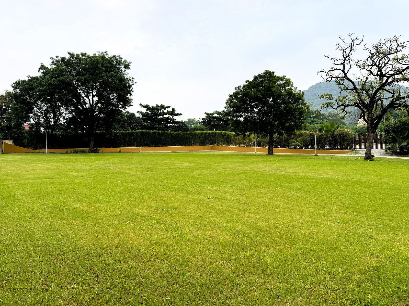 An expansive lawn with some trees in the image, shot during a sunny day - Crescent Spa & Resort, Indore