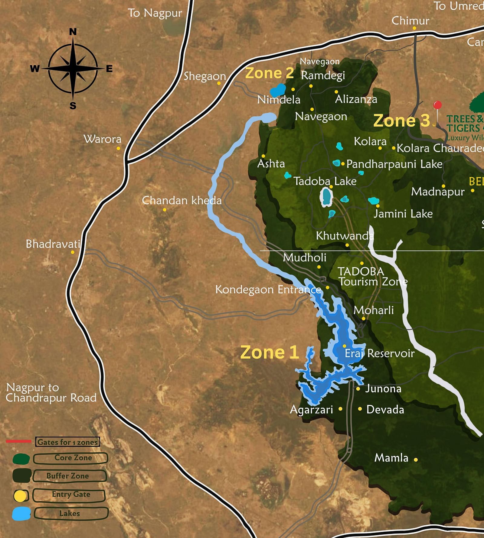 Map of Tadoba National Park showing various zones, water bodies, and key locations within the park.