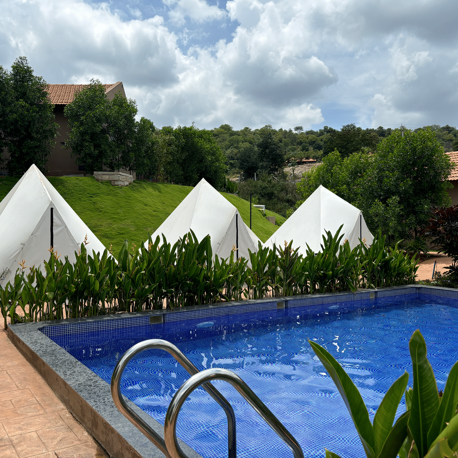 A scenic view of a resort area with pool and tents lined along a neat walkway, surrounded by a well-maintained lawn.