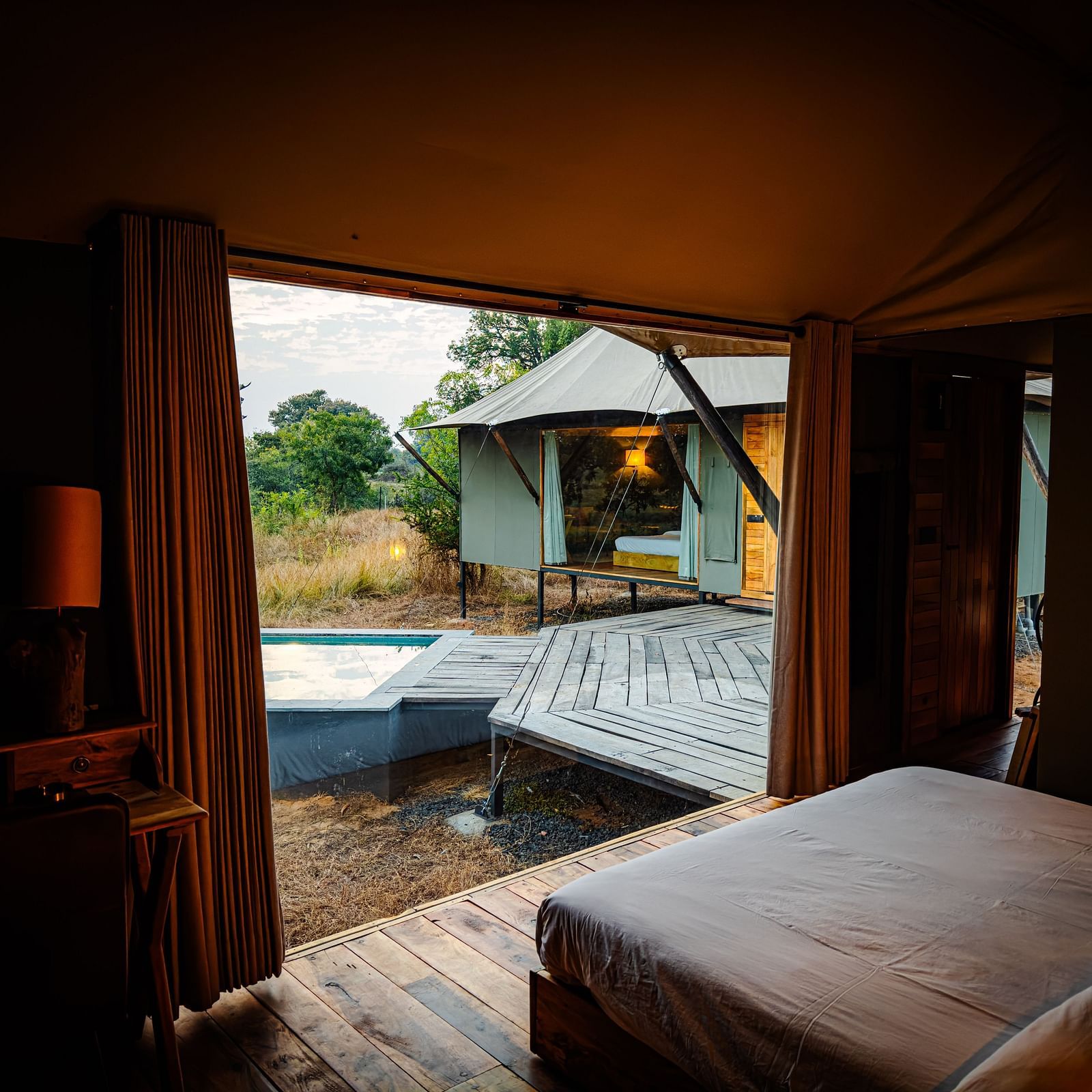 The interior of twin tent at Trees N Tigers, Tadoba.