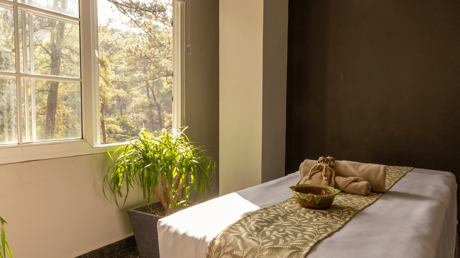 Wellness space at Heritage Club, with a bed, a pillow, a small bowl, a plant, and a window in the room.