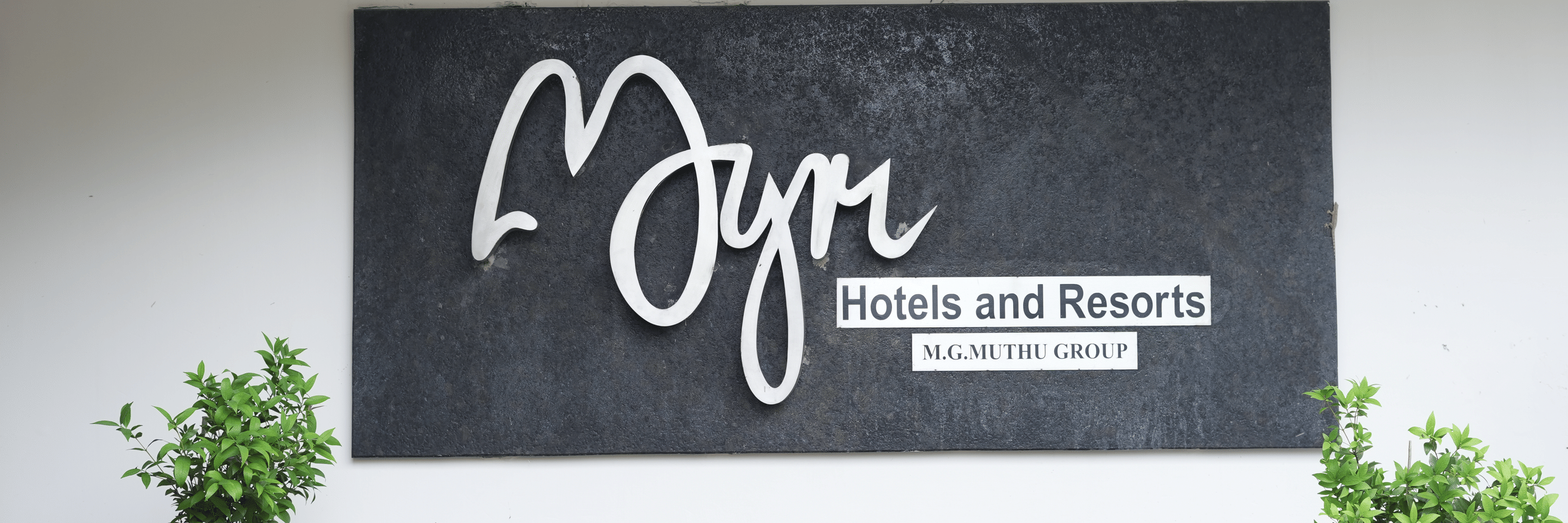 Branded wall sign at MGM Hotels & Resorts with landscaped accents.