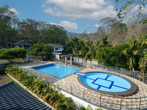 Picture featuring the arial view of the swimming pool in the day time.