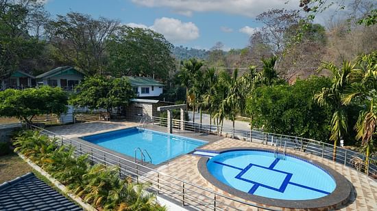 Picture featuring the arial view of the swimming pool in the day time.