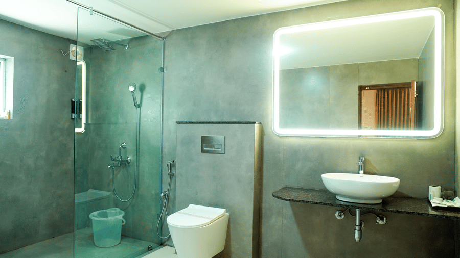 A bathroom with a shower area, a toilet, a sink, and a mirror at DNC Shevaroys Resorts and Spa.