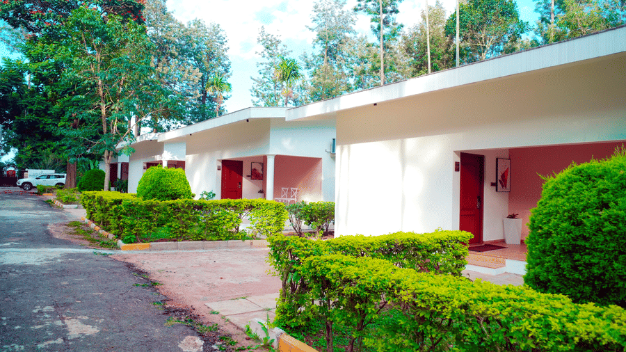 A row of villa units with a pathway and hedges at DNC Shevaroys Resorts and Spa.