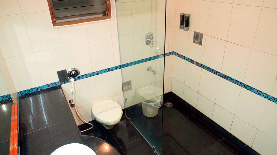 A bathroom view shows a toilet, a shower area, a basin, and a mirror at DNC Shevaroys Resorts and Spa.