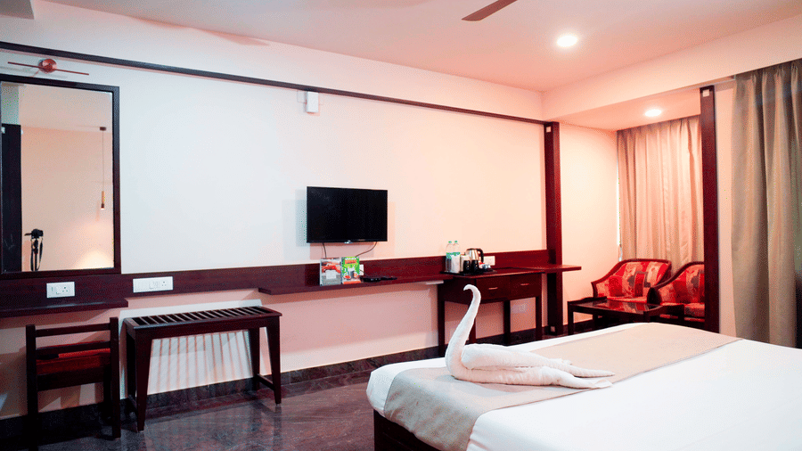 An indoor view shows a bed, a television, a desk, chairs, and curtains at DNC Shevaroys Resorts and Spa.