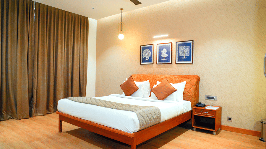 A bedroom with a bed, curtains, and wall frames at DNC Shevaroys Resorts and Spa.