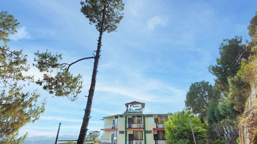 Facade of Flutter Hotels and Resorts, Lansdowne with trees and clear sky.