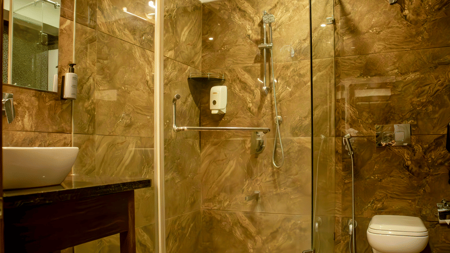 A stylish bathroom vanity with a ceramic sink on the marble counter-top, a framed mirror, and a large shower cubicle at Papaya Tree Hotels Suite.