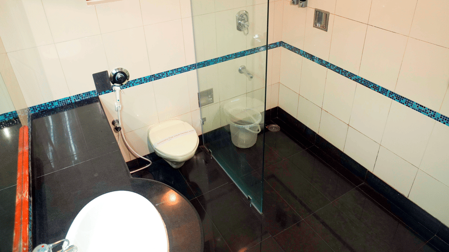 A bathroom view shows a toilet, a shower area, a basin, and a mirror at DNC Shevaroys Resorts and Spa.