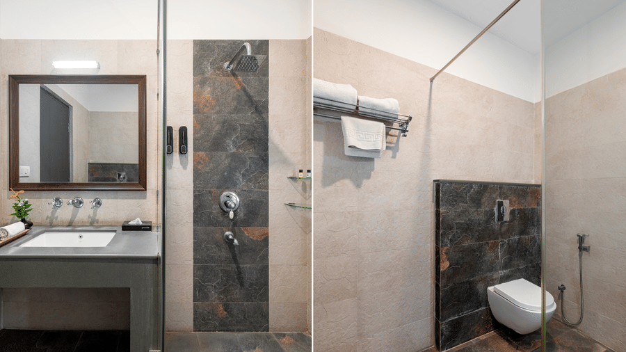A collage of the bathroom at the Superior Room at The Hunting Lodge, Udaipur, featuring a wash basin and a commode.