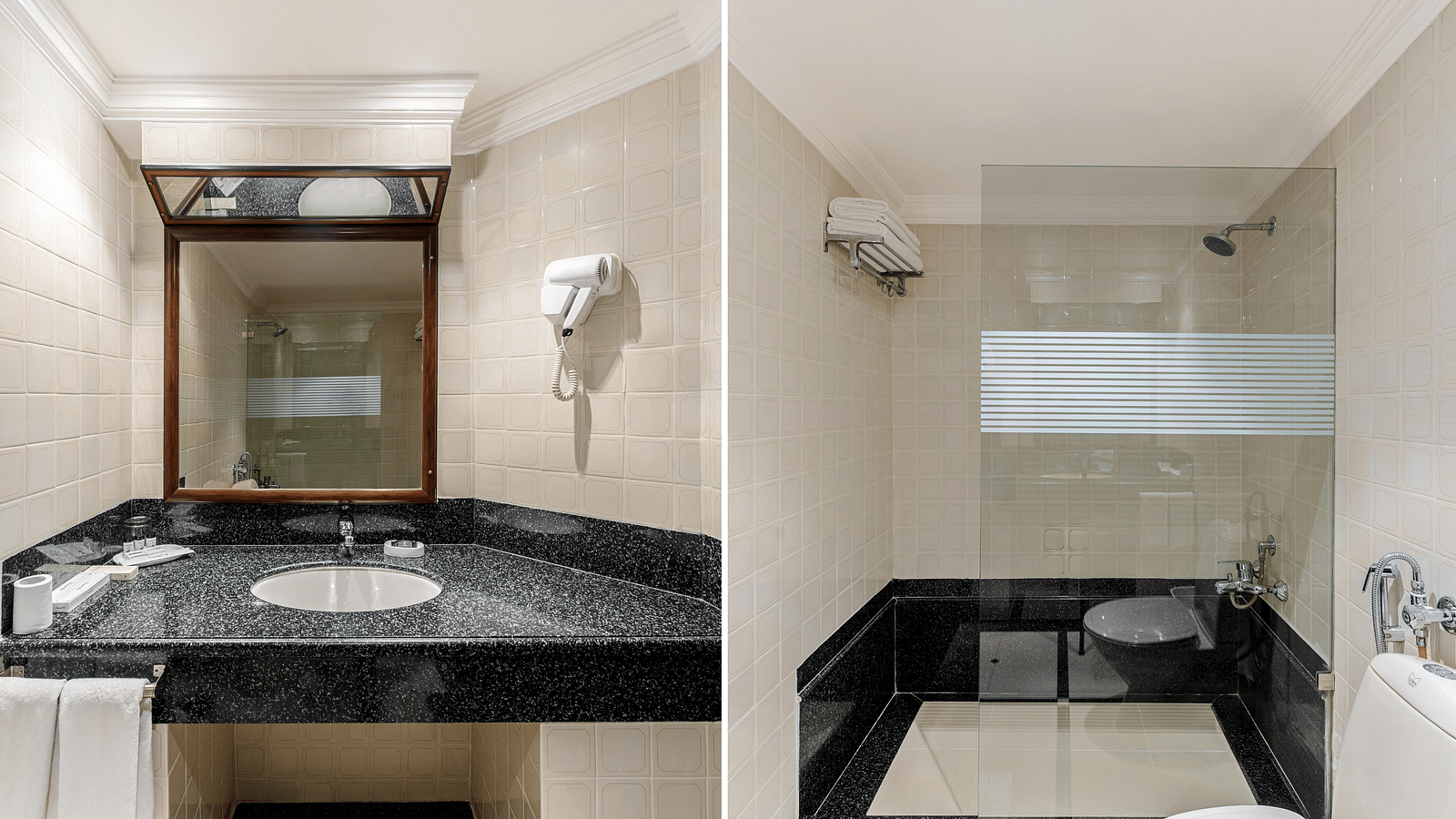 Shot of a well equipped washroom at one of our hotel rooms in udaipur - Hotel Rajdarshan, Udaipur.
