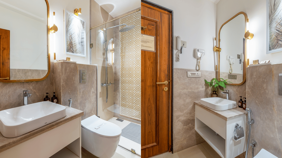 A collage of the Premium Room's modern bathroom, featuring a sleek granite vanity area, a large mirror with rounded edges, and a clean glass-partitioned walk-in shower - Amantra Comfort Hotel