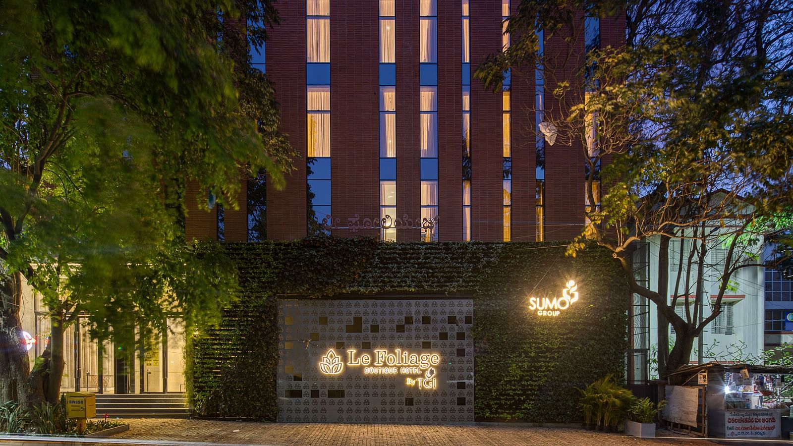 Facade of Le Foliage by TGI, Bangalore at night