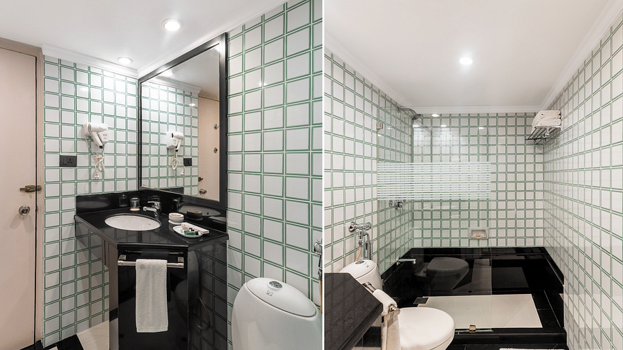 a well equipped bathroom with toiletries, a hair dryer, and a expansive mirror - Hotel Rajdarshan, Udaipur.