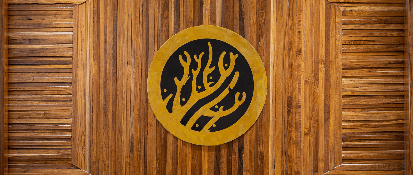 A close-up of a logo featuring abstract shapes on a wooden background - Coral Reef Hotel & Spa, Port Blair