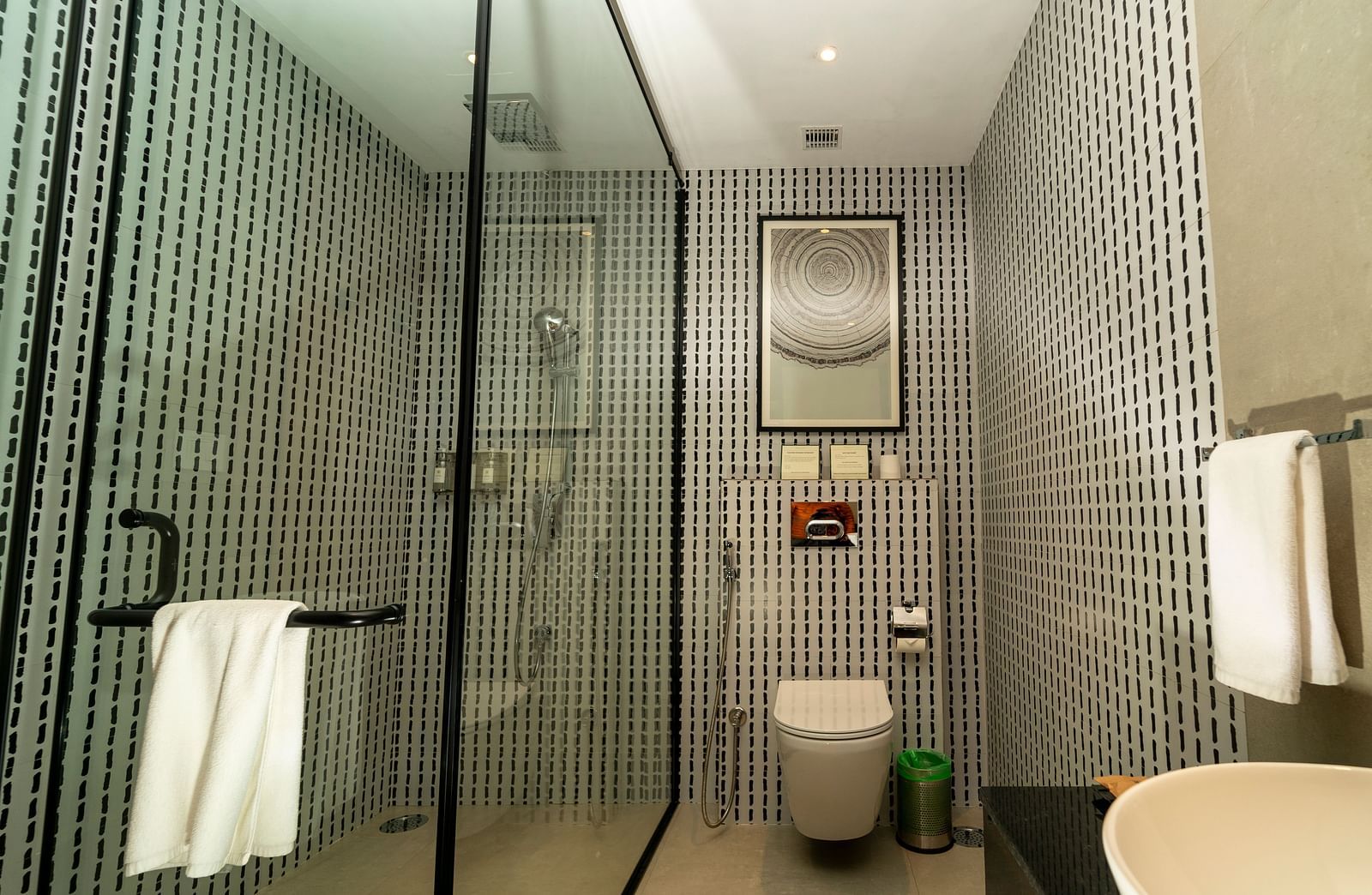 Contemporary shower space with patterned tiles and premium fittings at Nivasana Manali.