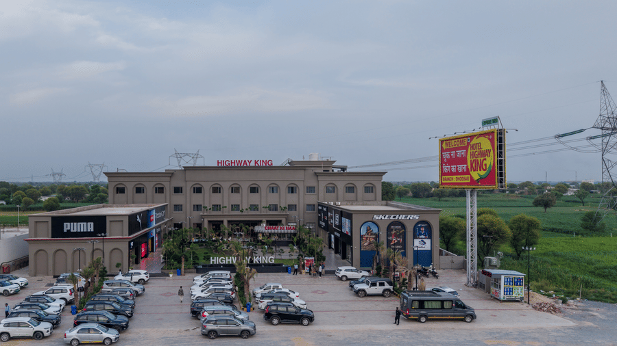 drone shot of the exterior of hotel highway king , Dhodsar.