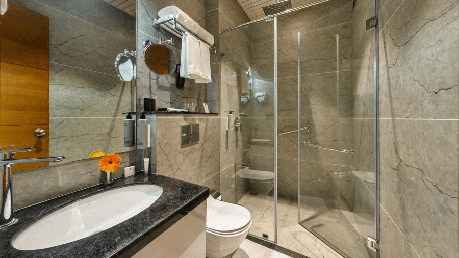 Modern Deluxe room's bathroom with glass-enclosed shower, mounted shower head, sink with black counter top, and light-colored tiled walls.