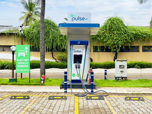 Pulse electric vehicle (EV) charging station with two bays at MGM Beach Resorts in Chennai under a partially clouded sky