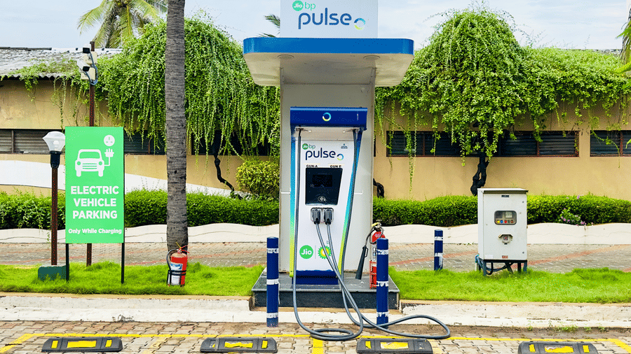 Pulse electric vehicle (EV) charging station with two bays at MGM Beach Resorts in Chennai under a partially clouded sky