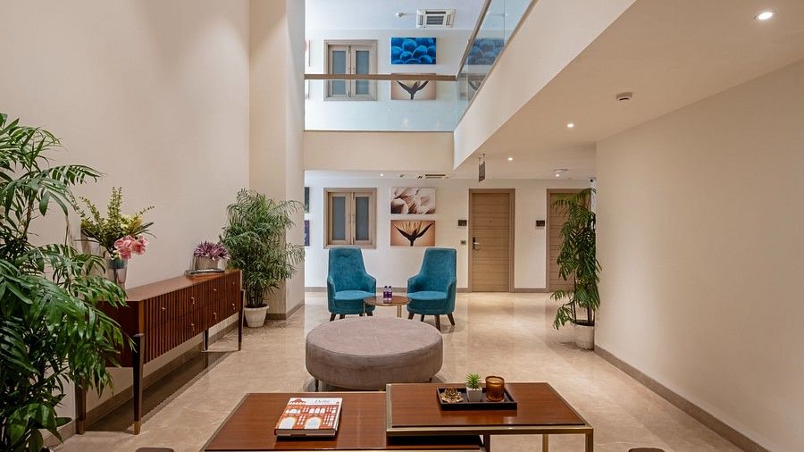 Zoomed-Out Lobby View: A wide-angle view of Hotel Saket 27’s lobby showcasing a brown table and a matching brown sofa, with two blue chairs in the background. The space is elegantly framed by plants in the corners, adding a touch of greenery to the modern 