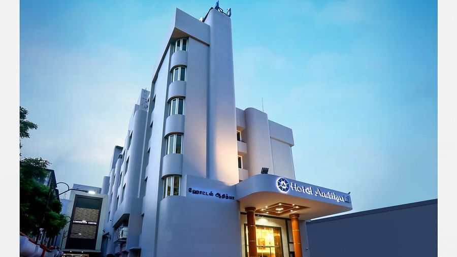 A panoramic view of the facade of Hotel Aadithya, Chennai