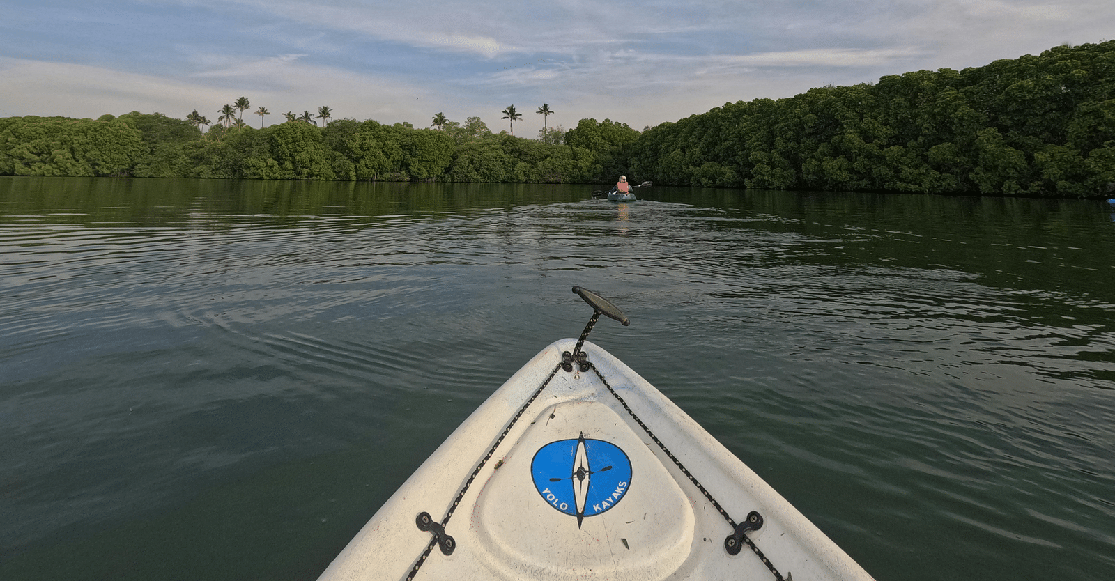 A kayak navigating through the backwaters surrounded by lush greenery under a partly cloudy sky.