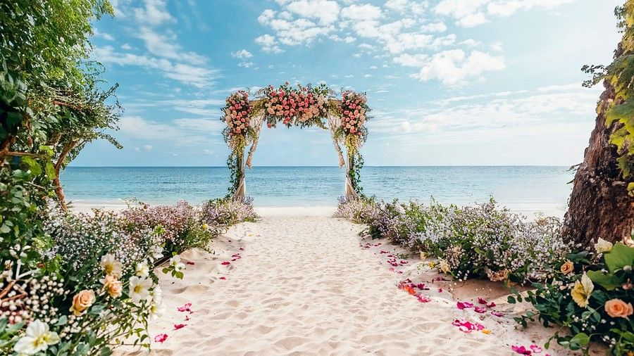 Wedding area near beachside featuring a sandy pathway and on either side there are decorations of flowers and leaves. At the end of the pathway there is a wooden frame acting as a stage decorated with flowers.