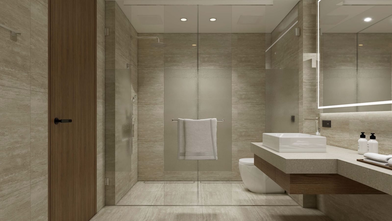Bathroom with double sinks, mirror, and light tiles at Ramada Resort by Wyndham Khao Lak.