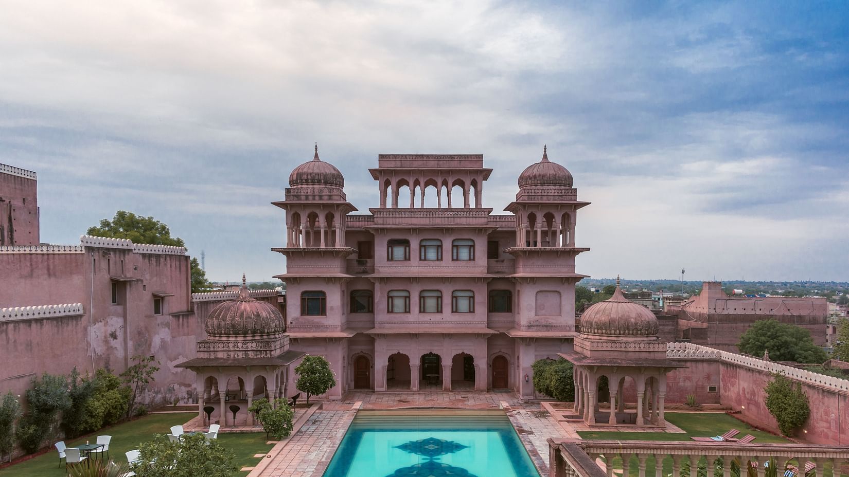 Facade ariel view with the pool at the front - Hotel Castle Mandawa, Jhunjunu