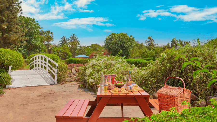 Outdoor garden picnic setup at The Resort, Mumbai with a wooden table, food spread, wicker basket, lush greenery, and a small white bridge under a bright blue sky.