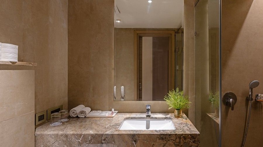 Bathroom with melange coloured tiles and a large rectangular mirror atop a wash basin and has a small plant kpet on the counter adding to the aesthetics.