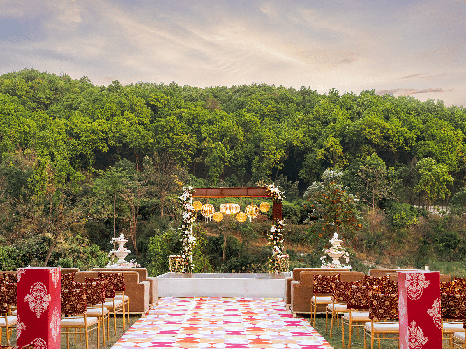 A view of a wedding setup in the lawn at The Sylvan Retreat, Dehradun.