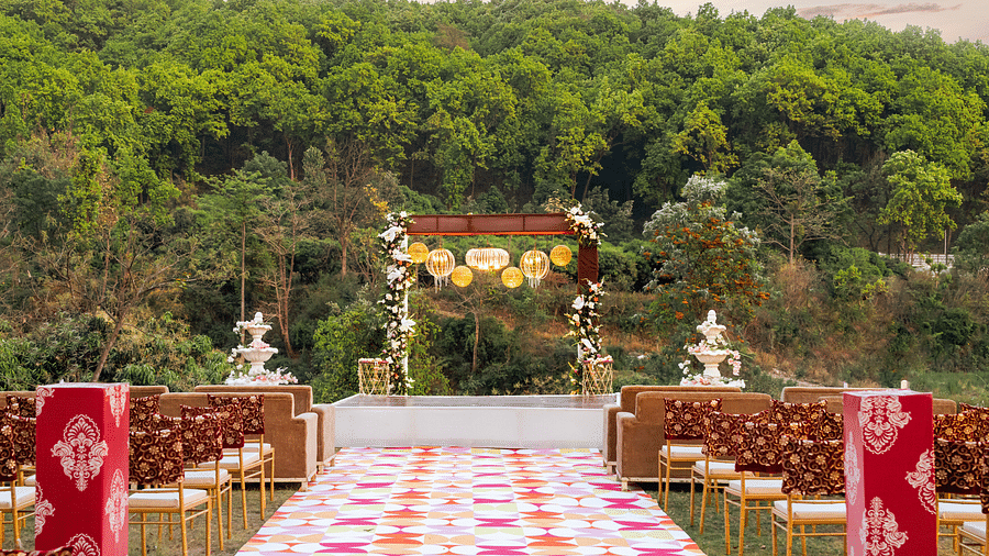 A view of a wedding setup in the lawn at The Sylvan Retreat, Dehradun.